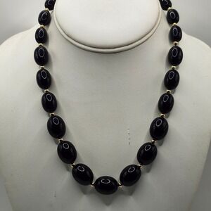 Monet Vintage Black Oval Bead Necklace Gold Tone Spacer Accents Lobster Clasp